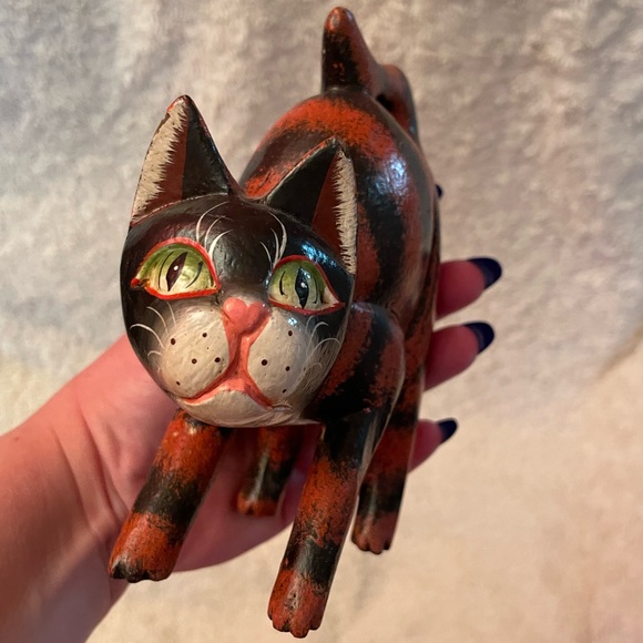 Vintage Wooden Orange & Brown Cat Sculpture Arched Back - Picture 3 of 8